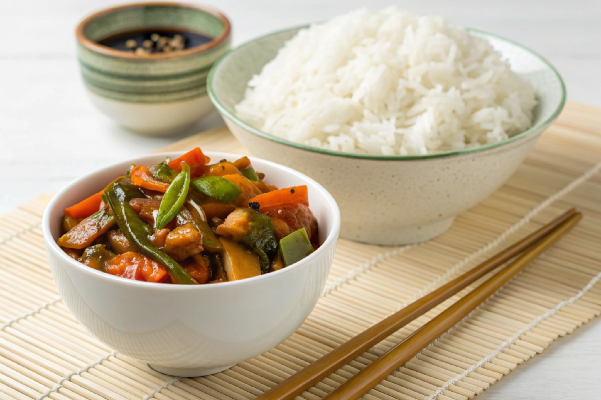 Bol de riz avec un plat de légumes sautés en sauce