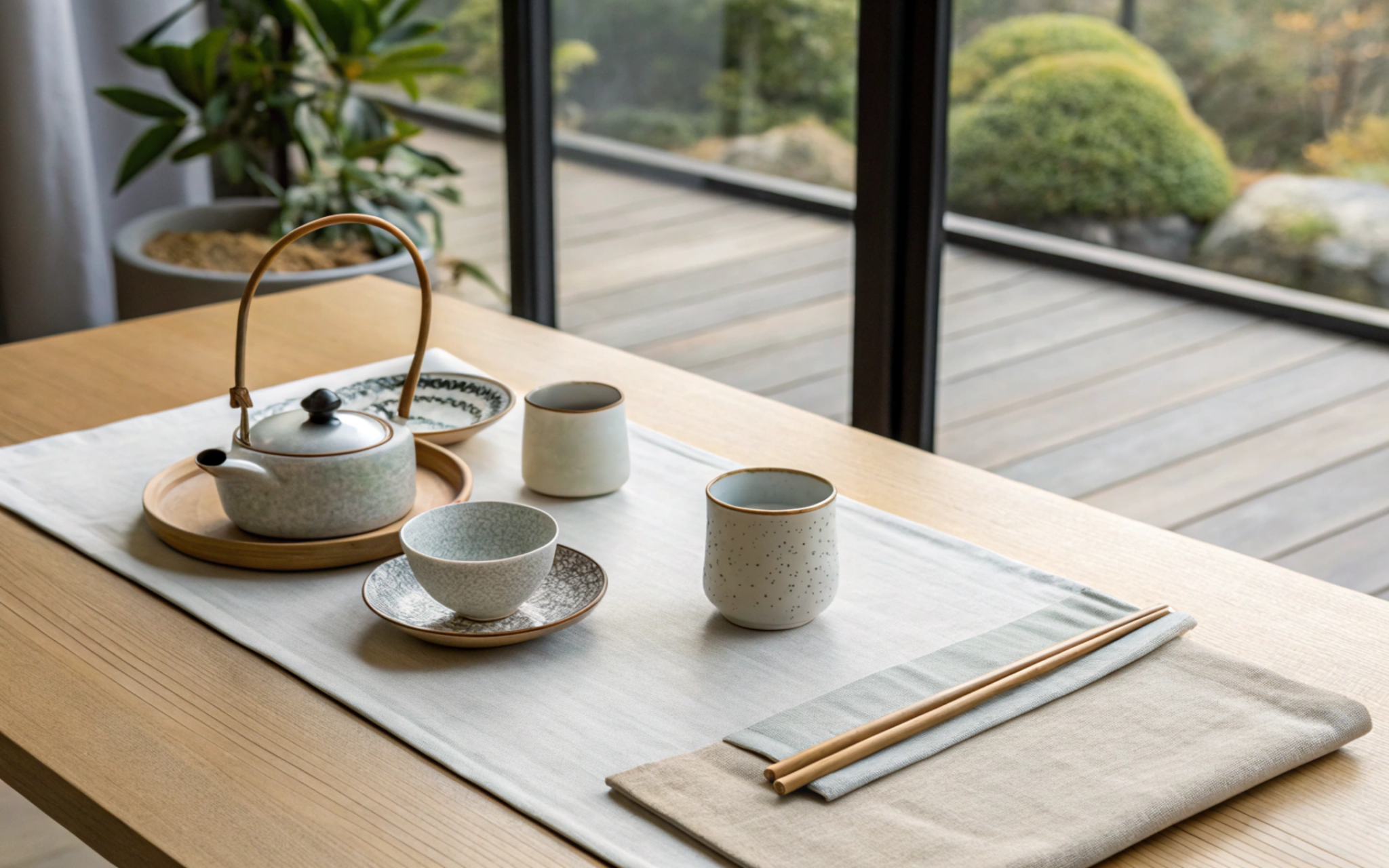 Table lumineuse avec théière, tasses et baguettes